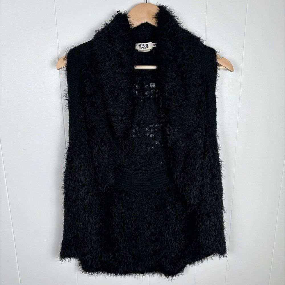 Holly Bracken Women's Black‎ Eyelash Knit Open Sweater Vest One Size Soft